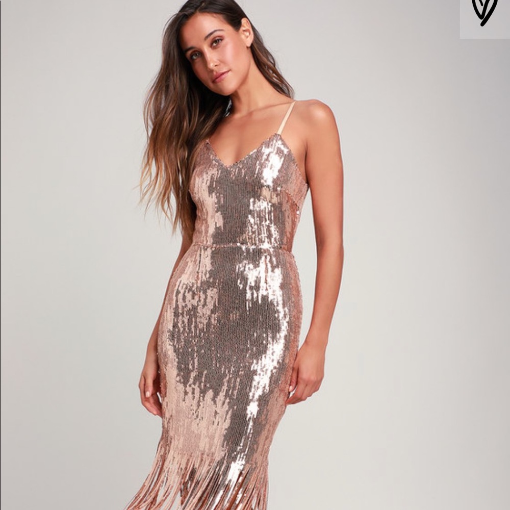 Lulus Anjou Rose Gold Sequin Fringe Midi Dress